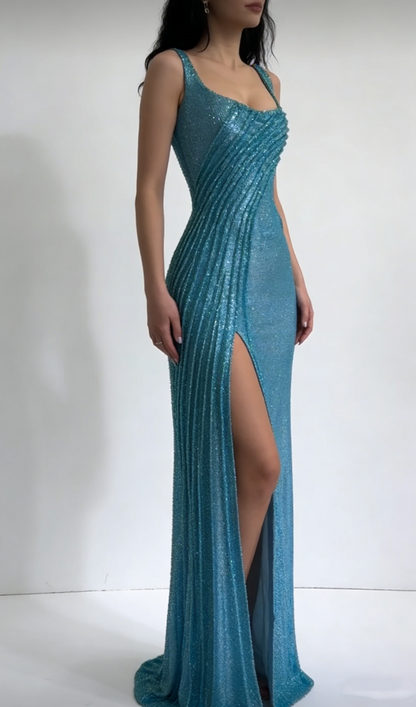 Gorgeous Blue Spaghetti Straps Sequin Slit Mermaid Long Evening Dress Birthday Prom Dress D1705