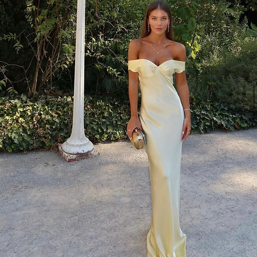 Classy Mermaid Off The Shoulder Yellow Satin Long Evening Dress Prom Dresses SD2063
