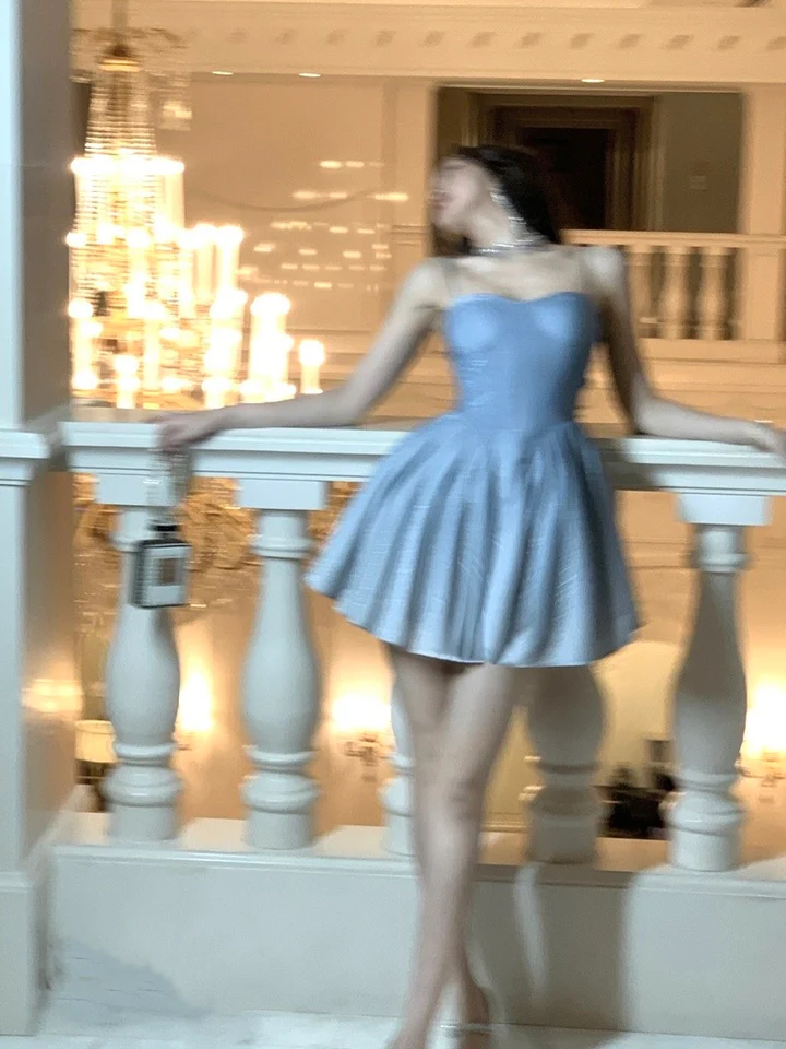 Shiny Blue Satin Sequin A Line Homecoming Dress Cocktail Dress Spaghetti Straps Birthday Outfits  S489
