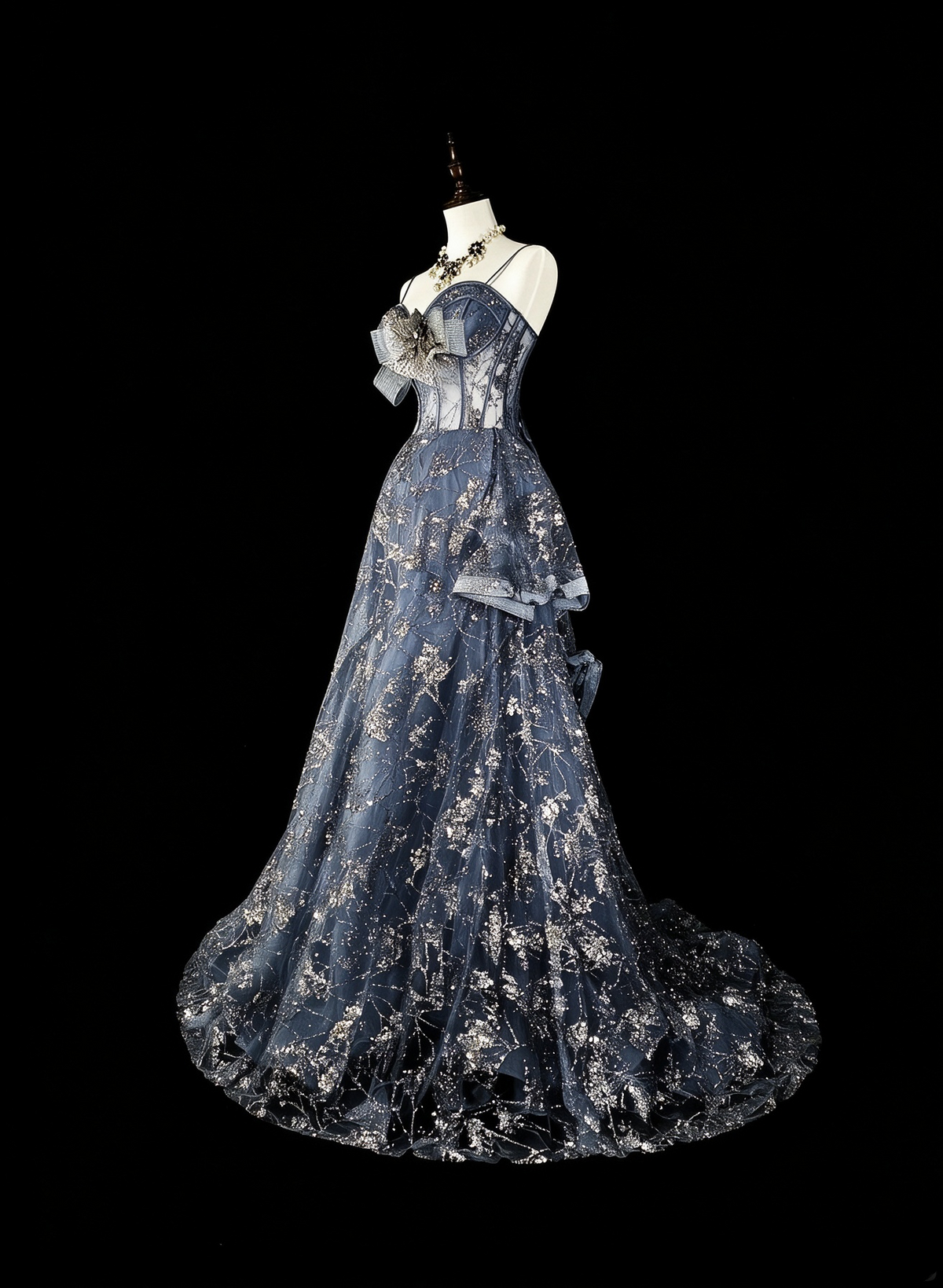 Charming Spaghetti Straps Tulle Sequin Long Prom Dress Blue Evening Dress D5383