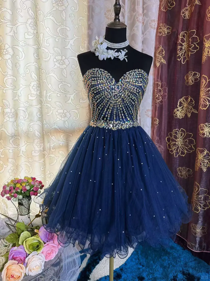 Sparkly Sweetheart Neck Blue Tulle Beaded A Line Short Prom Dress Formal Homecoming Dress D316