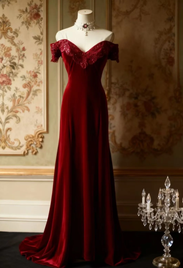 Classy Off The Shoulder Red Velvet Mermaid Long Evening Dress Formal Birthday Prom Dress D2207