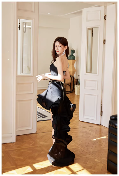 Sexy Strapless Black Ruffle Irregular Swallowtail Hem Birthday Dress Long Evening Gown D2415