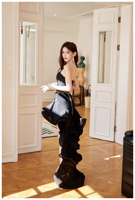 Sexy Strapless Black Ruffle Irregular Swallowtail Hem Birthday Dress Long Evening Gown D2415