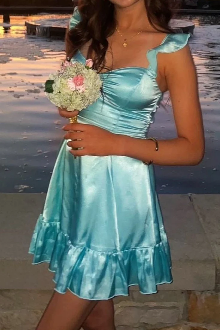 Elegant Green Ruffled Satin A-Line Short Party Dress,Mini Homecoming Dress D4249