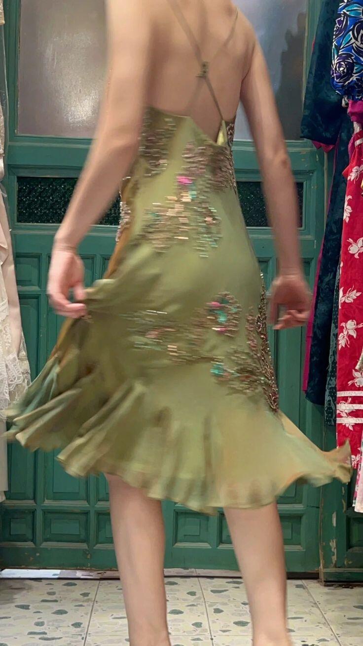 Vintage Spaghetti Straps Olive Green Satin Chiffon Beaded Mermaid Long Party Dress Backless Prom Gown D3479