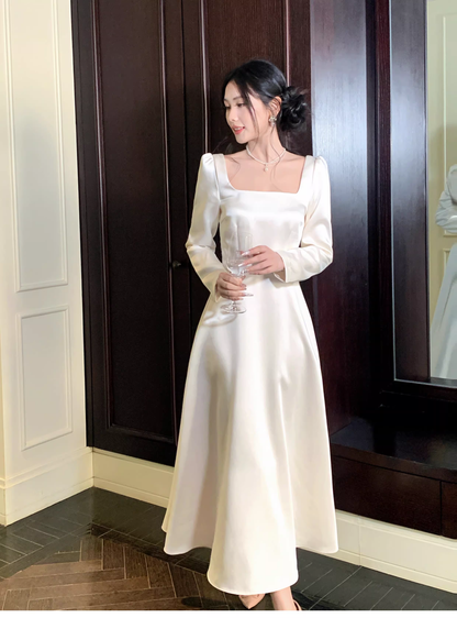 Elegant Square White Satin A Line Long Party Dress Evening Dress D2179