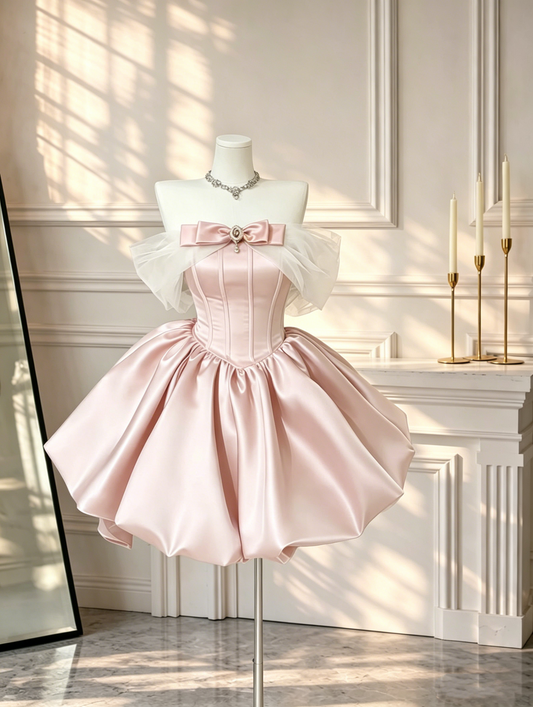 Fairy Pink Satin A Line Short Birthday Dress Off The Shoulder Mini Birthday Outfits D2590