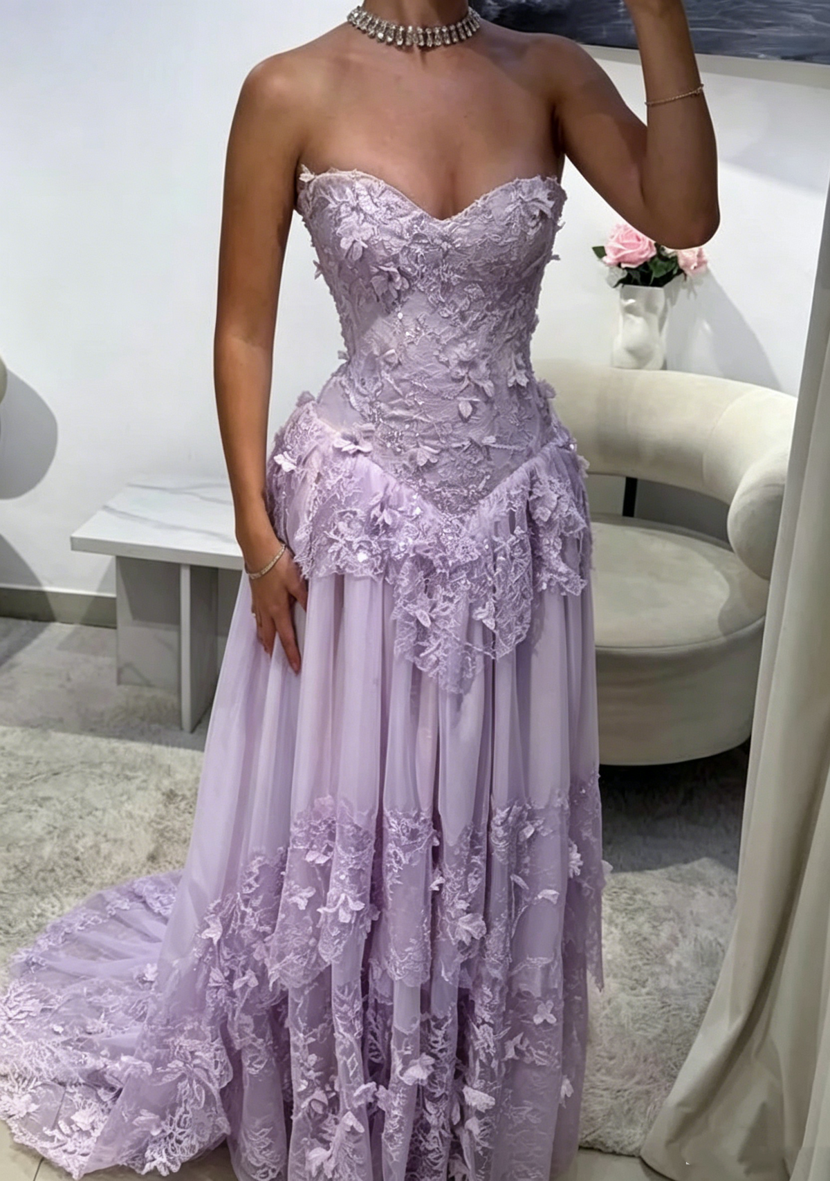 Pretty Strapless Yellow A Line Chiffon Lace Appliques Long Prom Dress Wedding Guest Dress D823