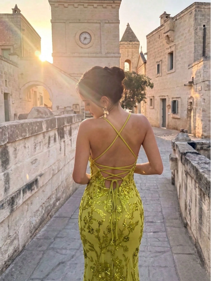 Elegant Spaghetti Straps Green Tulle Sequin Floral Mermaid Long Evening Dress Birthday Party Dress D4724