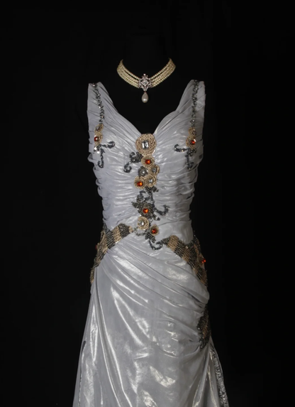 Elegant V Neck Silver Satin Lace Pleated Beaded Evening Dress Long Mermaid Prom Dress D2266