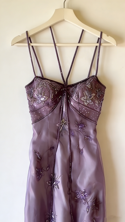 Pretty Lavender Spaghetti Straps Tulle Satin Beaded Mermaid Long Party Dress Evening Gown D2464