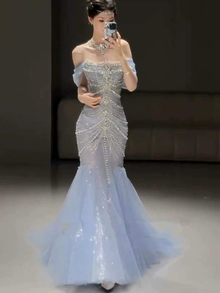 Pretty Mermaid Off The Shoulder Blue Tulle Silver Beads Long Prom Dresses Formal Evening Dress SD1399