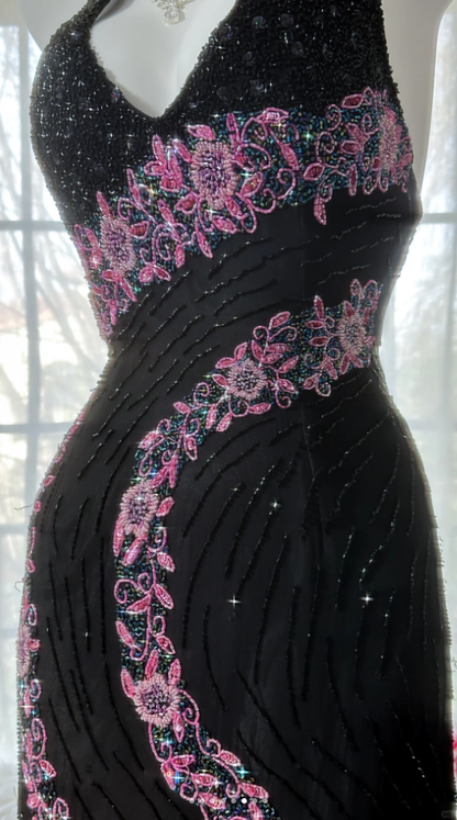 Charming Halter V Neck Black Chiffon Sequin Beaded Mermaid Long Evening Dress Formal Birthday Party Dress D1788