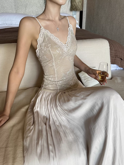 Unique Apricot Spaghetti Straps V Neck Lace Satin A Line Long Evening Dress Party Gown D2127