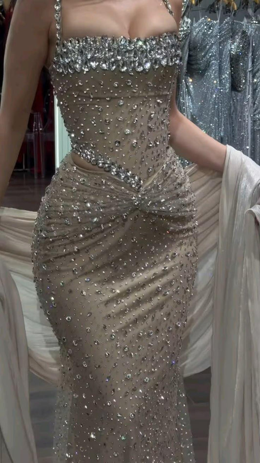 Elegant Champagne Satin Tulle Beaded Mermaid Long Party Dress Prom Dresses D4469
