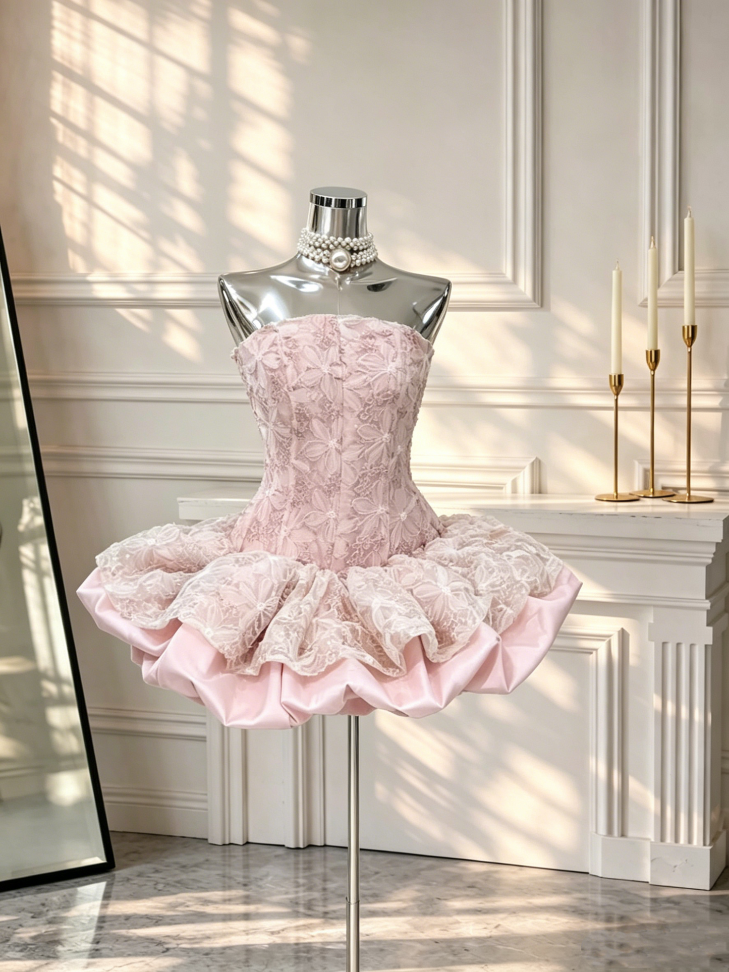 Charming Strapless Pink Lace Satin A Line Short Cocktail Dress Birthday Outfits D2696