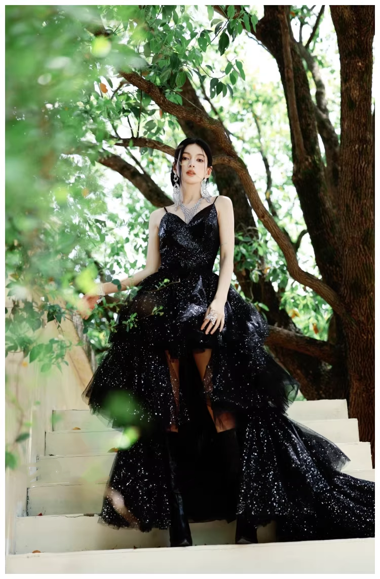 Sparky Black Spaghetti Straps Tulle Sequin Layered Long Birthday Evening Dress Party Dress D2427