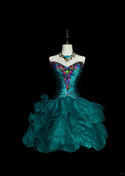 Retro Strapless Satin Tulle BEaded A Line Mini Birthday Prom Gown,Lake Green Short 9th Grade Homecoming Dress D4075
