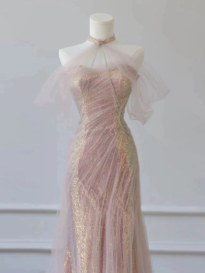 Sexy Mermaid Halter Pink Sequin Long Prom Dress Evening Dress Formal Dress SD1819