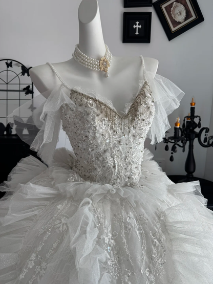 Fairy Spaghetti Straps White Tulle Ruffle Beaded Long Wedding Dress Bridal Dress D3696