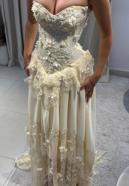 Pretty Strapless Yellow A Line Chiffon Lace Appliques Long Prom Dress Wedding Guest Dress D823