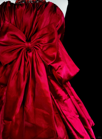Fairy Bow Satin Layered A Line Short 17th Birthday Outfits,Red Short Party Dress D4066