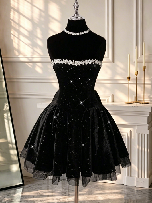 Glitter Strapless Satin Beaded A Line Short Graduation Homecoming Dress Black 17th Birthday Outfits D2588
