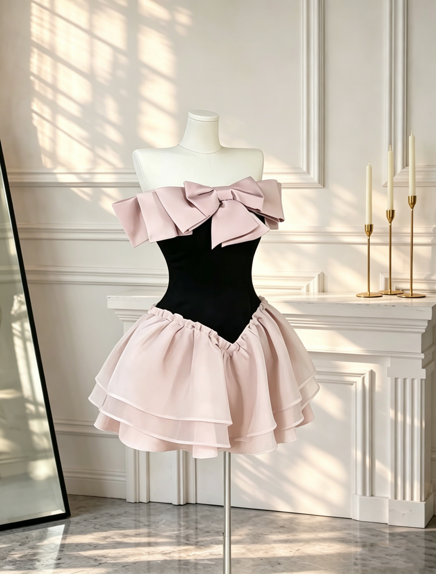 Sweet Bow Off The Shoulder Satin Chiffon A Line Short 6th Grade Homecoming Dress Pink Mini Cocktail Dress D2695