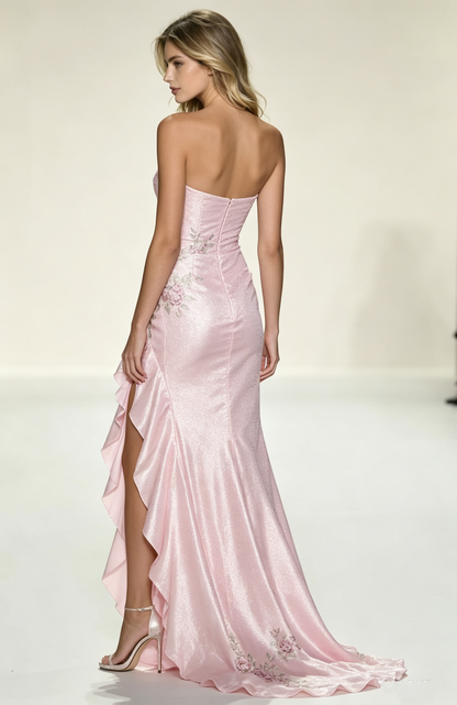 Pretty Sweetheart Neck Pink Satin Beaded Ruffles Slit Mermaid Evening Dress Long Party Gown Birthday Prom Dress D1795