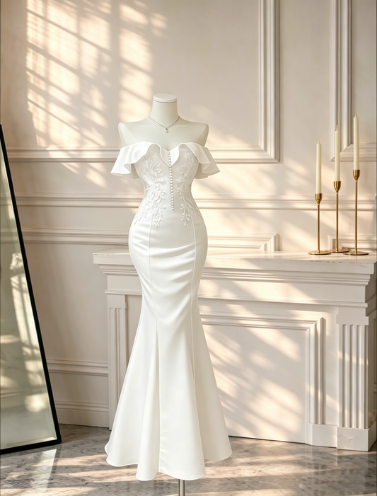 Elegant Off The Shoulder Satin Appliques Mermaid Long Evening Dress White Birthday Outfits D2587