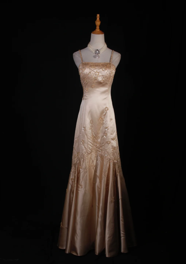 Fashion Spaghetti Straps Gold Satin Beaded Mermaid  Long Party Dress Evening Dress D2249