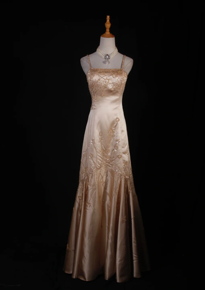 Fashion Spaghetti Straps Gold Satin Beaded Mermaid  Long Party Dress Evening Dress D2249