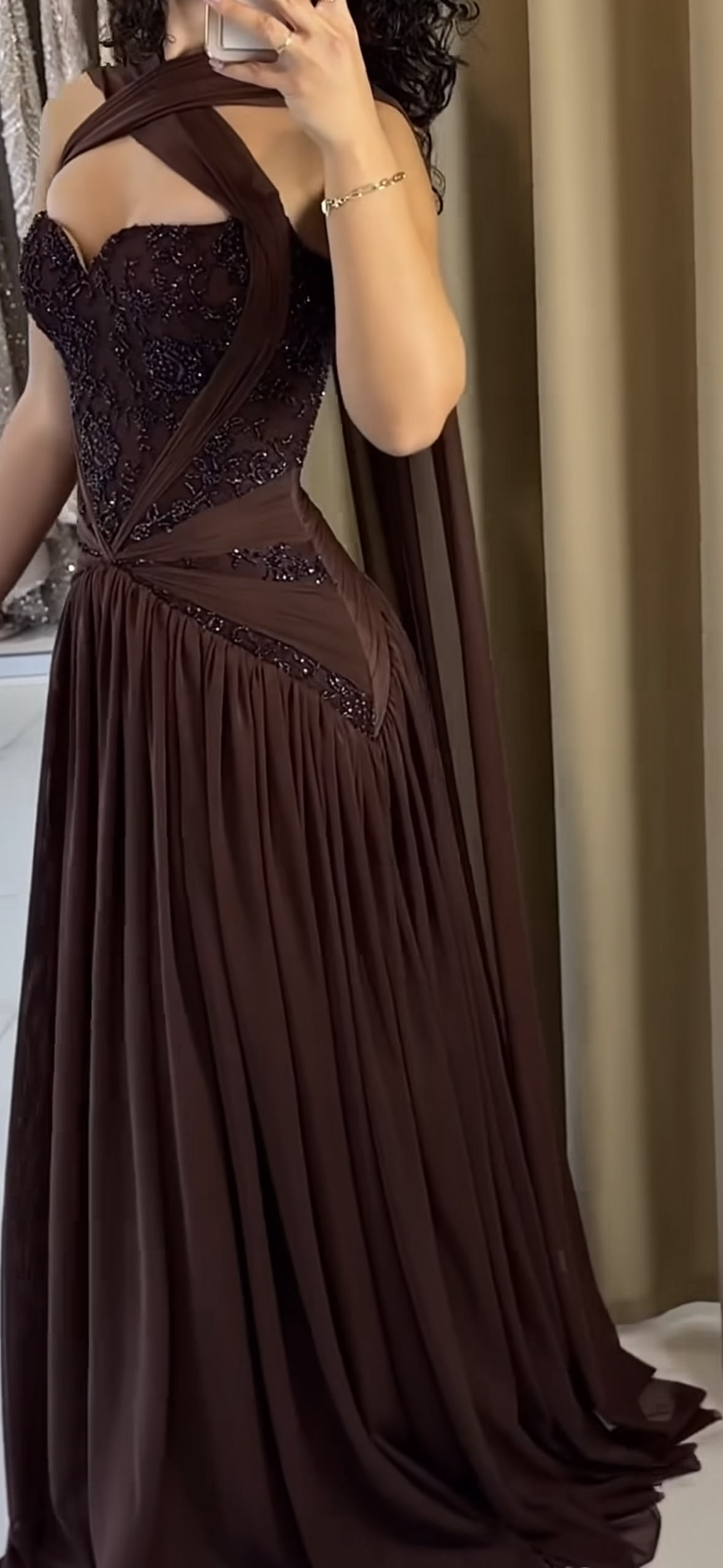 Charming Brown Chiffon Beaded A Line Long Wedding Guest Dress Formal Evening Dress D2979