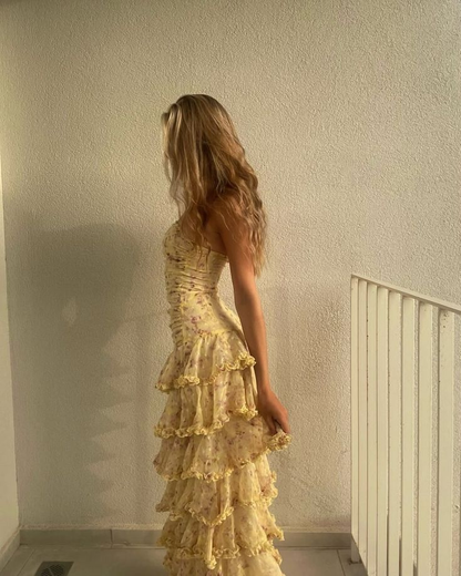 Classy Strapless Yellow Chiffon Floral Long Prom Dresses Layered Ruffles Evening Dresses D4517