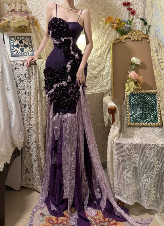 Glamorous Purple Spaghetti Straps Satin Lace Pleated Mermaid Long Party Dress Formal Birthday Prom Dress Evening Gown D2054