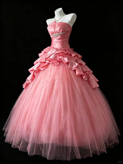 Pretty Strapless Tulle Satin Ruffle Beaded Birthday Quinceanera Dress Pink Sweet 16 Dress D5292