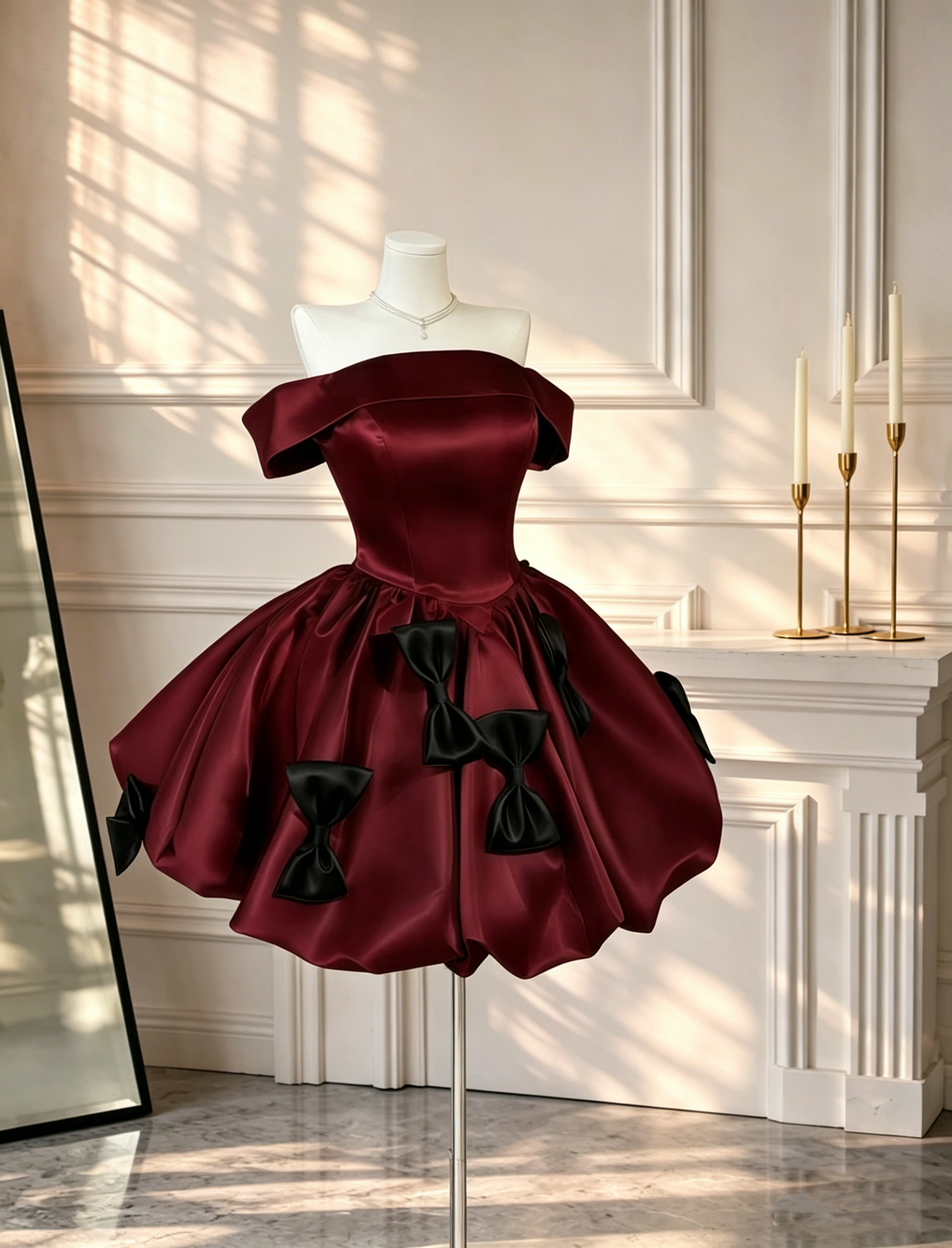 Retro Burgundy Satin A Line Cocktail Dress Off The Shoulder Short 8th Grade Homecoming Dress With Bow D2586
