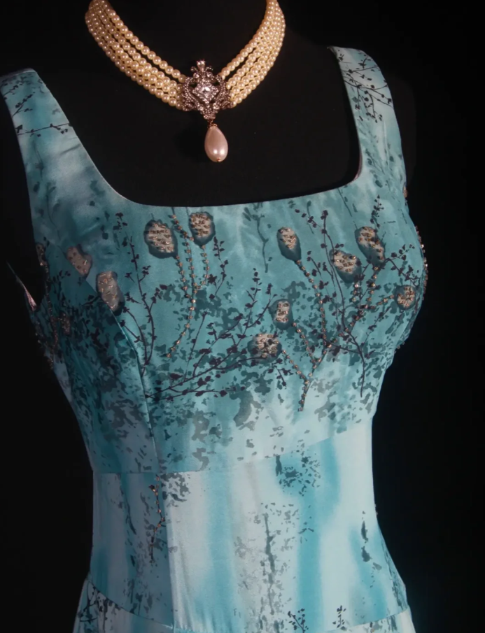 Vintage Square Neck Blue Chiffon Beaded Long Prom Dress Birthday Party Dress D2259