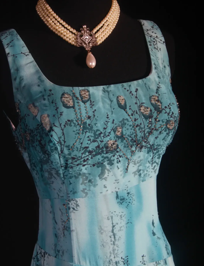 Vintage Square Neck Blue Chiffon Beaded Long Prom Dress Birthday Party Dress D2259