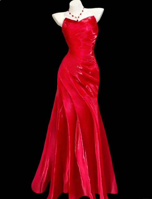 Pretty Red Strapless Satin Pleated Mermaid Long Party Dress Evening Gown D2341