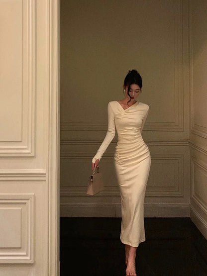 Gorgeous Sheath Long Sleeves Ivory Date Night Dress Long Prom Dresses Birthday Outfits SD1076