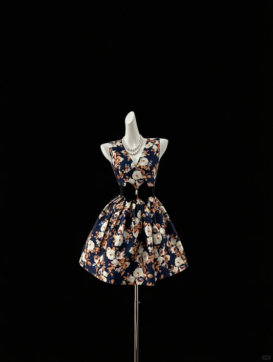 Chic V Neck Satin Floral A Line Short Graduation Homecoming Dress Cocktail Dress D2790