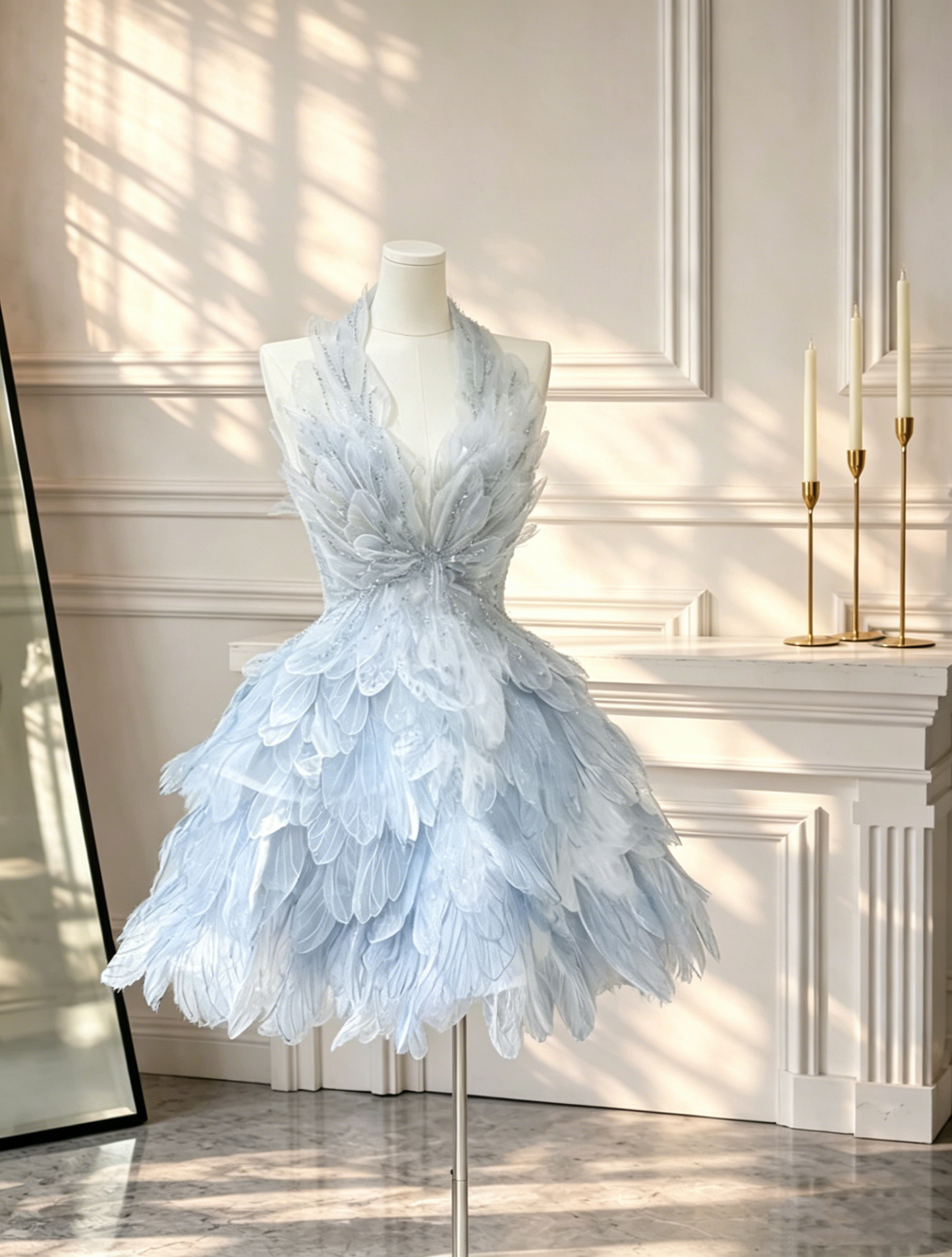 Fairy Halter V Neck A Line Short Birthday Outfits Blue Tulle Petals Layered Short Homecoming Dress D2692