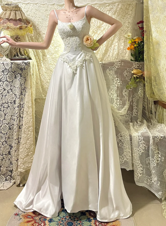 Elegant Spaghetti Straps White Satin Lace Appliques Evening Dress Long Wedding Guest Dress D2138