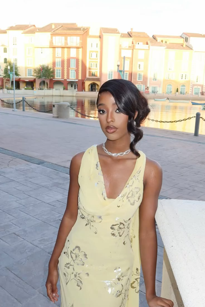 Pretty Yellow Chiffon Long Evening Dress Backless Birthday Party Dress D4962
