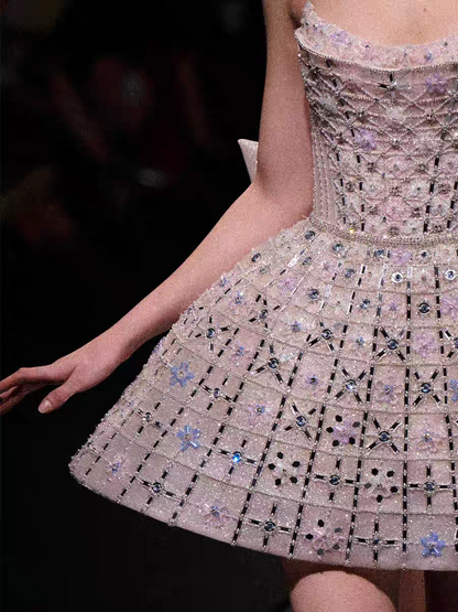 Glitter Strapless Tulle Beaded Mini Birthday Dress Pink Homecoming Dress With Bow S257