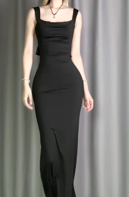 Fashion Black Satin Backless Mermaid Long Party Dress Evening Dress D2489