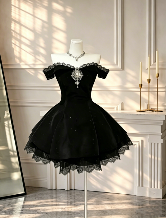 Sexy Off The Shoulder Mini Cocktail Dress Black Velvet Lace A Line Short Homecoming Dress D2598