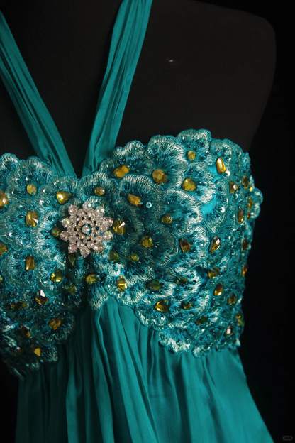 Elegant Peacock Green Halter Chiffon Embroidery Beaded Long Party Dress Evening Gown D2860